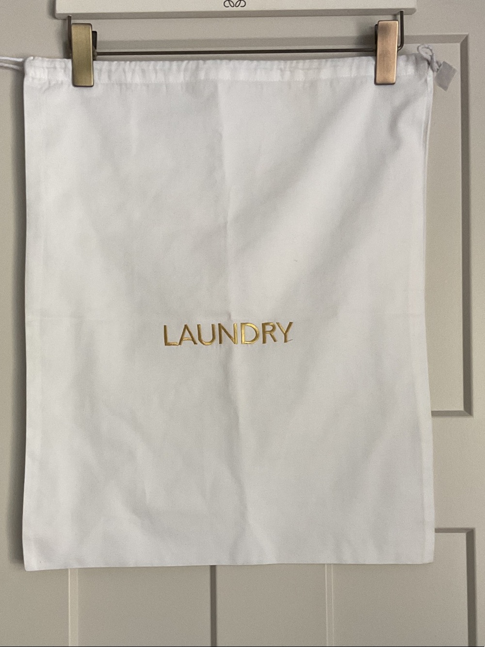 Luxury White Fabric Laundry Bag with Gold Embroidery | Travel & Home